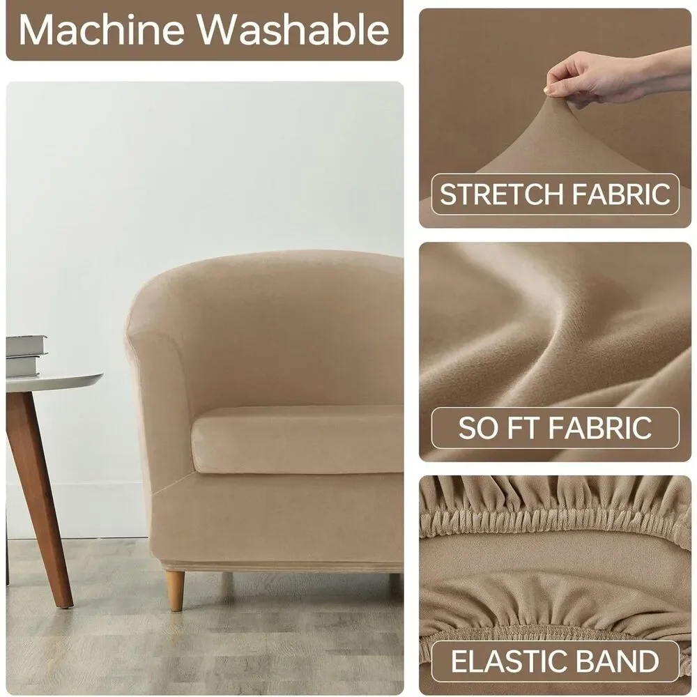 2 Piece Velvet Club Chair Slipcover, Stretch Barrel Chair Cover (Khaki)